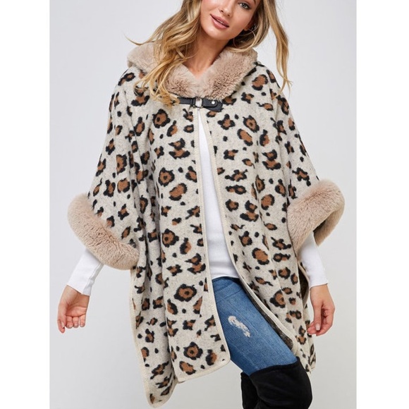 Animal Leopard Print Faux Fur Hooded Knit Poncho Cardigan Sweater Coat Jacket - Picture 6 of 7